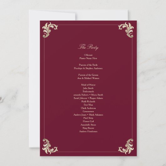 Burgundy Gold Baroque Wedding Ceremony Program (裏面)