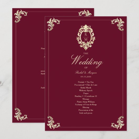 Burgundy Gold Baroque Wedding Ceremony Program (正面/裏面)