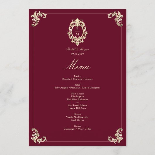 Burgundy Gold Baroque Wedding Reception メニュー (正面)