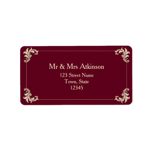 Burgundy Gold Baroque Wedding Return Address ラベル (正面)