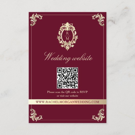 Burgundy Gold Baroque Wedding Website QR Card エンクロージャーカード (正面)