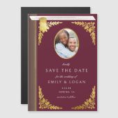 Burgundy Gold Book Wedding Save The Date Card マグネット招待状 (正面/裏面)