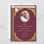 Burgundy Gold Book Wedding Save The Date Card マグネット招待状 (正面)