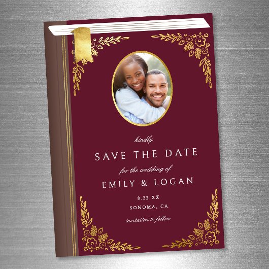 Burgundy Gold Book Wedding Save The Date Card マグネット招待状