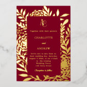 Burgundy gold botanical monogram luxury wedding 箔招待状 (正面)