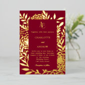 Burgundy gold botanical monogram luxury wedding 箔招待状 (立ち正面)