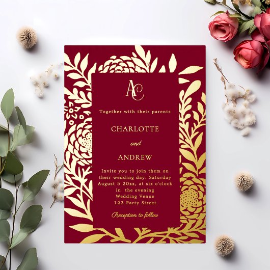 Burgundy gold botanical monogram luxury wedding 箔招待状