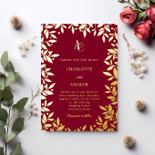 Burgundy gold botanical monogram luxury wedding 箔招待状