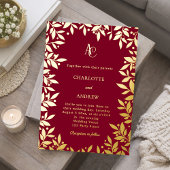 Burgundy gold botanical monogram luxury wedding 箔招待状