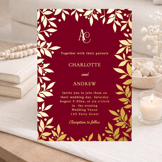 Burgundy gold botanical monogram luxury wedding 箔招待状