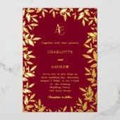 Burgundy gold botanical monogram luxury wedding 箔招待状 (正面)