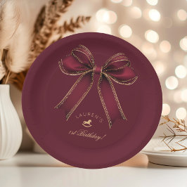 Burgundy Gold Bow Rocking Horse Luxury Birthday ペーパープレート