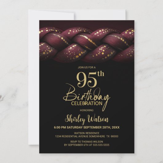Burgundy Gold Braid 95th Birthday Party 招待状 (正面)