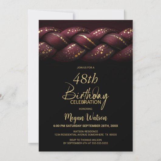 Burgundy Gold Braid Any Age Birthday Party 招待状 (正面)