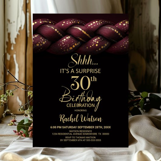 Burgundy Gold Braid Surprise 30th Birthday Party 招待状