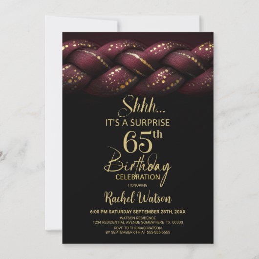 Burgundy Gold Braid Surprise 65th Birthday Party 招待状 (正面)