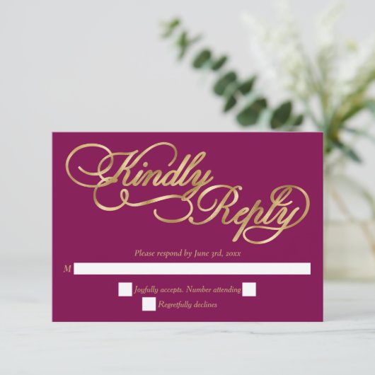 Burgundy & Gold Calligraphy Formal Wedding RSVP (スタンド正面)