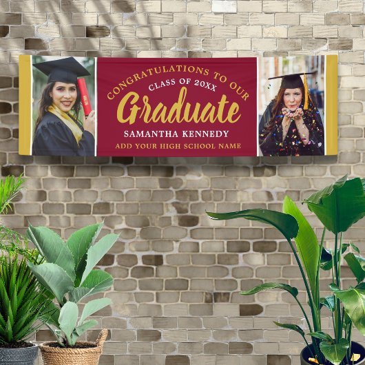 Burgundy & Gold Congrats Grad Two Photo Graduation 横断幕
