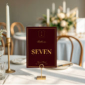 Burgundy Gold Crest Monogram Wedding Table Number 招待状