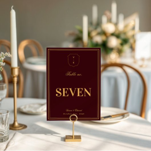 Burgundy Gold Crest Monogram Wedding Table Number 招待状