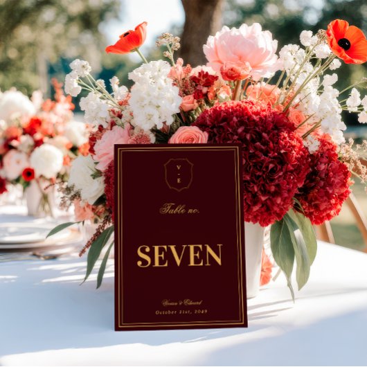 Burgundy Gold Crest Monogram Wedding Table Number 招待状