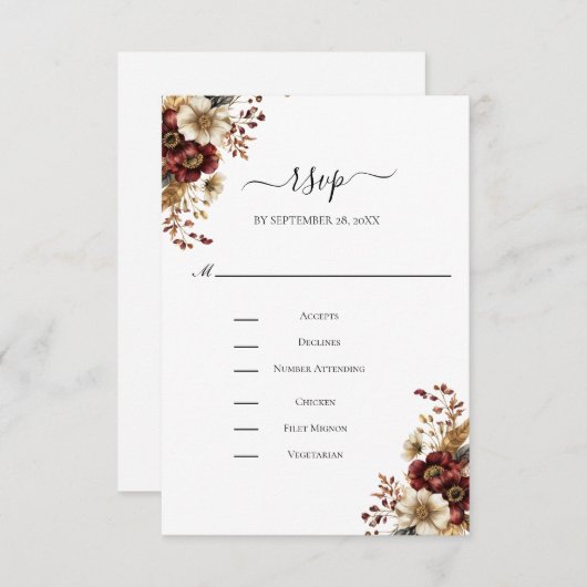 Burgundy Gold Dinner Entrée Wedding 出欠カード (正面/裏面)