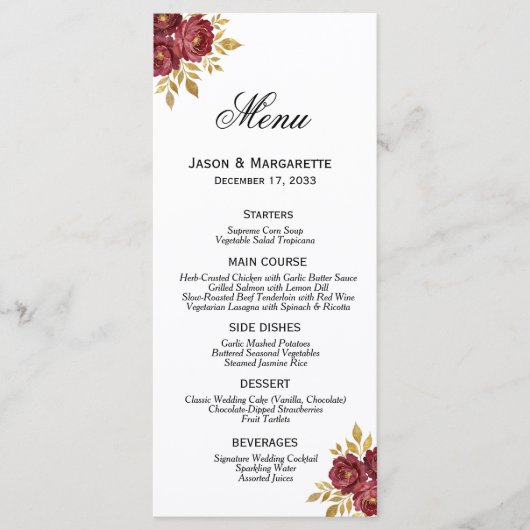 Burgundy Gold Elegant Florals Modern Simple メニュー (正面)