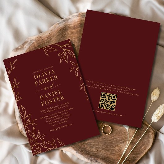 Burgundy Gold Elegant Minimalist QR Code Wedding 招待状