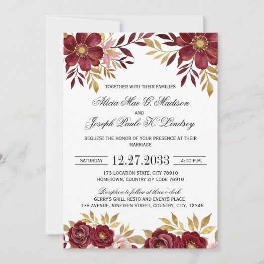 Burgundy Gold Elegant Modern Wedding Invitation 招待状 (正面)