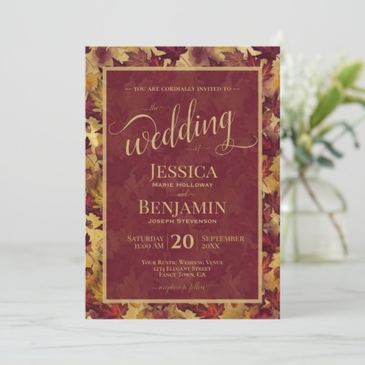 Burgundy & Gold Fall Leaves Stylish Script Wedding 招待状 (スタンド正面)