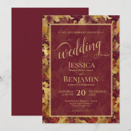Burgundy & Gold Fall Leaves Stylish Script Wedding 招待状
