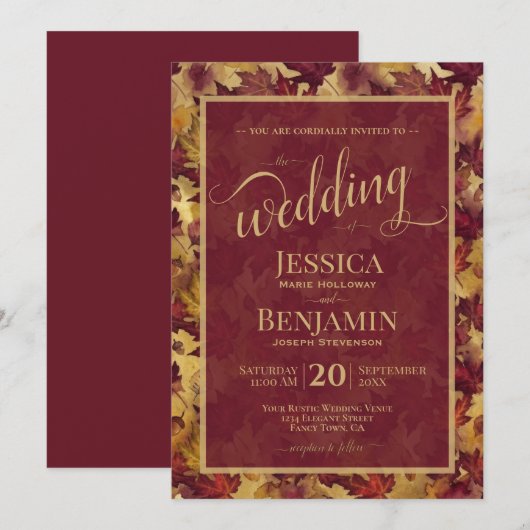 Burgundy & Gold Fall Leaves Stylish Script Wedding 招待状 (正面/裏面)