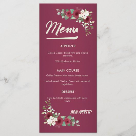 Burgundy Gold Fall Winter Garden Wedding Dinner メニュー (正面)