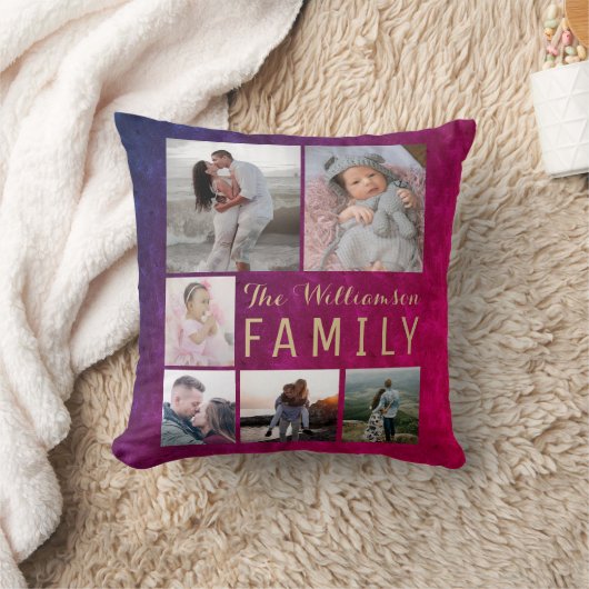 Burgundy Gold Family Photo Collage Throw Pillow クッション (ブランケット)