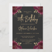 Burgundy Gold Floral Dark 50th Birthday Party 招待状 (正面)