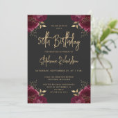 Burgundy Gold Floral Dark 50th Birthday Party 招待状 (スタンド正面)