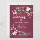 Burgundy Gold Floral Fall Winter Wedding 招待状 (正面)