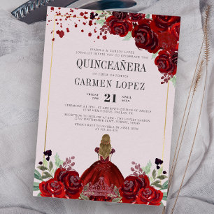 Burgundy Gold Floral Princess Birthday Quinceanera 招待状