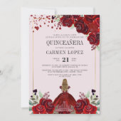 Burgundy Gold Floral Princess Birthday Quinceanera 招待状 (正面)