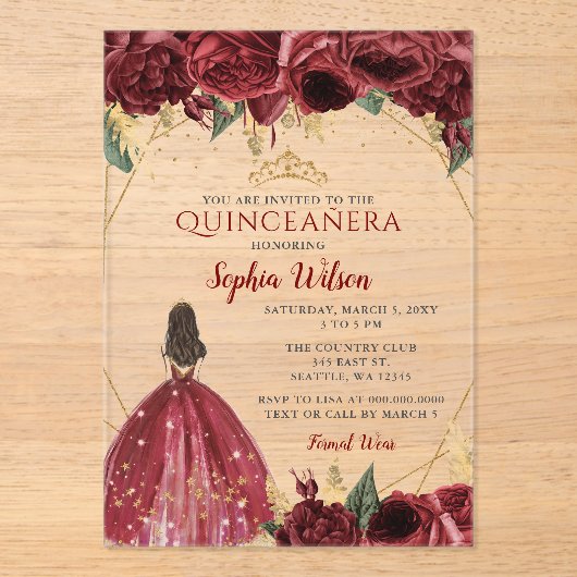 Burgundy Gold Floral Princess Quinceañera Quince I アクリル招待状 (正面)