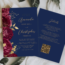 Burgundy Gold Floral QR Code Wedding 招待状