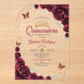 Burgundy Gold Floral Quinceanera アクリル招待状 (正面)