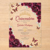 Burgundy Gold Floral Quinceanera アクリル招待状 (正面)