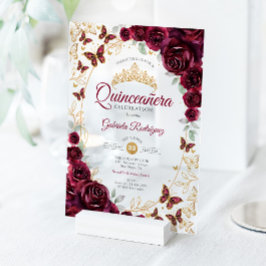 Burgundy Gold Floral Quinceanera アクリル招待状