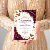 Burgundy Gold Floral Quinceanera 招待状