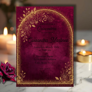 Burgundy & Gold Floral Quinceanera Invitation 招待状
