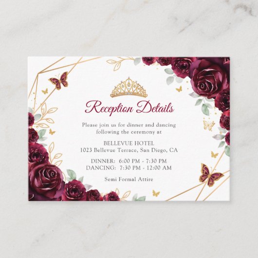 Burgundy Gold Floral Quinceanera Reception Details エンクロージャーカード (正面)