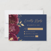 Burgundy Gold Floral Script Navy Blue Wedding 出欠カード (正面)