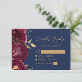Burgundy Gold Floral Script Navy Blue Wedding 出欠カード (スタンド正面)