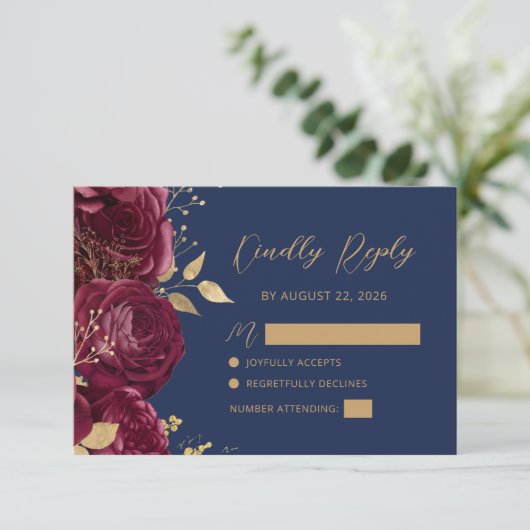 Burgundy Gold Floral Script Navy Blue Wedding 出欠カード (スタンド正面)